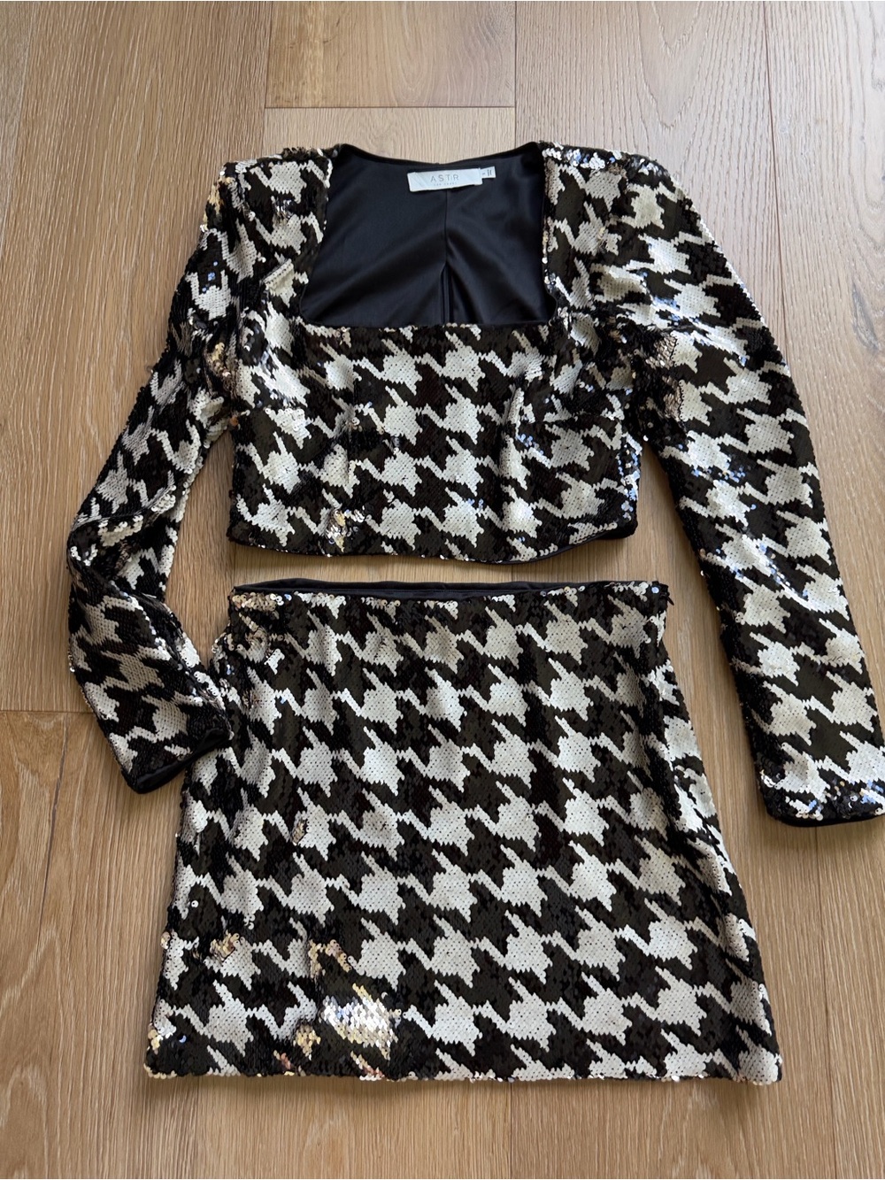 Astr Black & White Houndstooth Sequin Crop Top and Mini Skirt Set